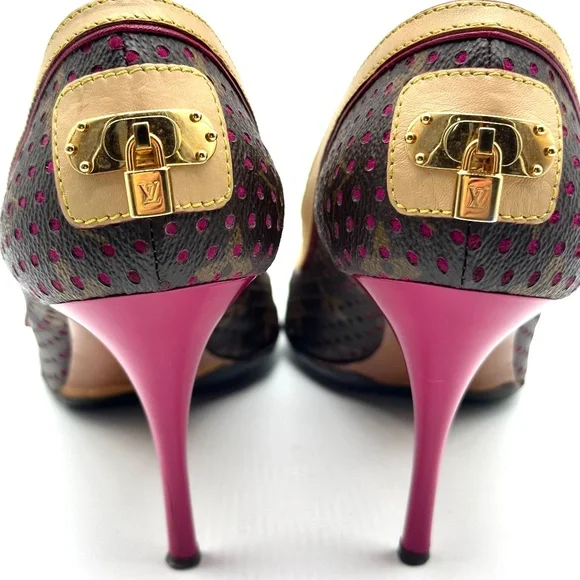 Louis Vuitton Monogram Canvas Pink Gold Lock Buckle Pumps Heels Shoes 8.5/39 - Picture 5 of 14